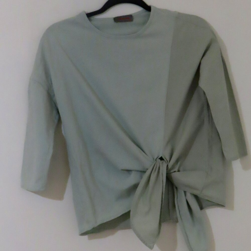 Tweed Mint Green Cotton and Jersey Knit T-shirt with Side Tie Size XS